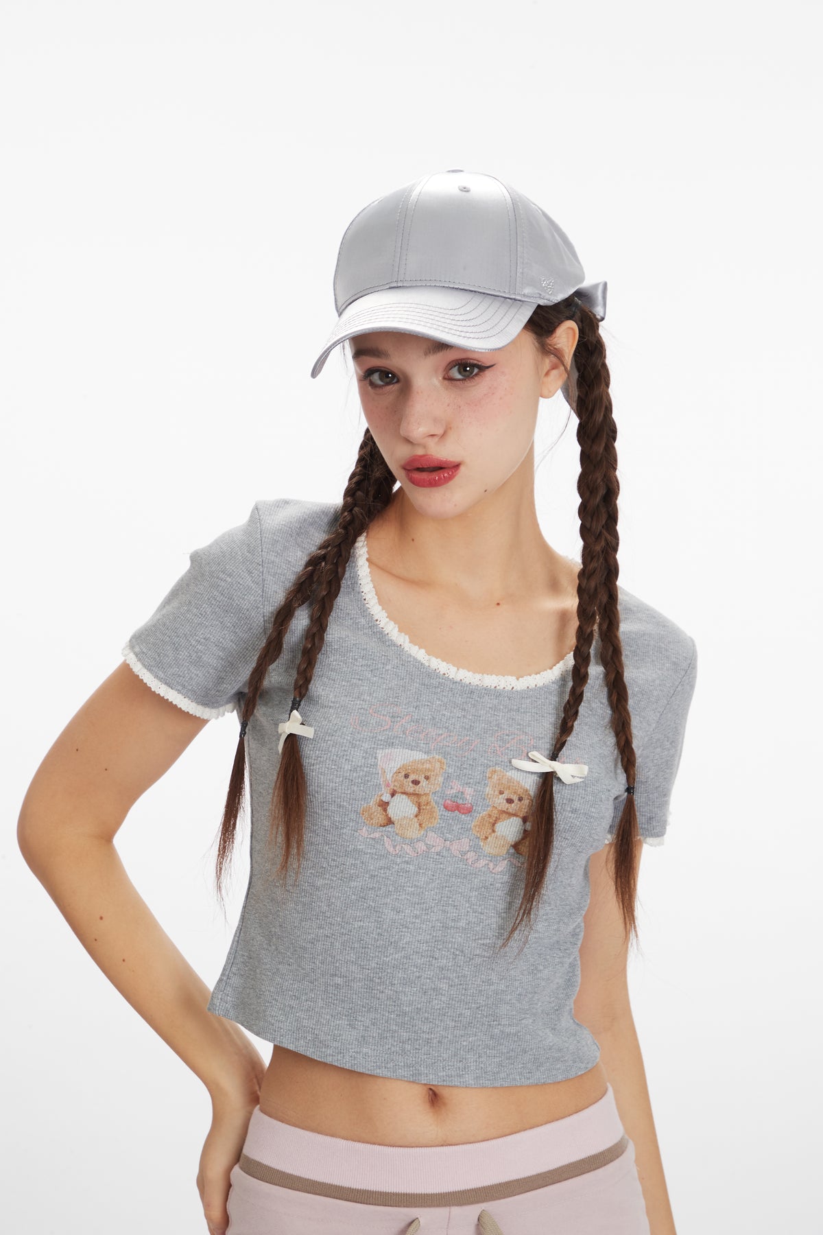 Nariele - Sweet Bear Tee | Fitted Lace-Trim Crop
