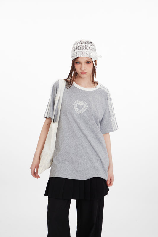 Nariele - Heart Lace Embroidery Tee | Unisex Loose Fit