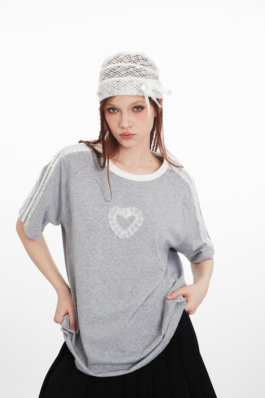 Nariele - Heart Lace Embroidery Tee | Unisex Loose Fit