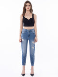 High-Waist Ripped Skinny Jeans | Beaded Stretch Pencil Pants
