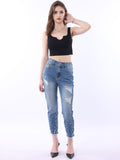 High-Waist Ripped Skinny Jeans | Beaded Stretch Pencil Pants