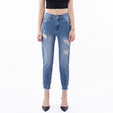 High-Waist Ripped Skinny Jeans | Beaded Stretch Pencil Pants