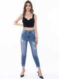 High-Waist Ripped Skinny Jeans | Beaded Stretch Pencil Pants