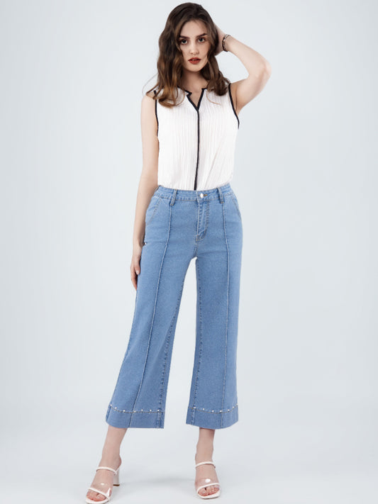 LongYing – High-Waist Cropped Straight Jeans | Stretch Fit with Vintage Wash