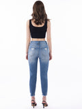 High-Waist Ripped Skinny Jeans | Beaded Stretch Pencil Pants