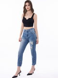 High-Waist Ripped Skinny Jeans | Beaded Stretch Pencil Pants
